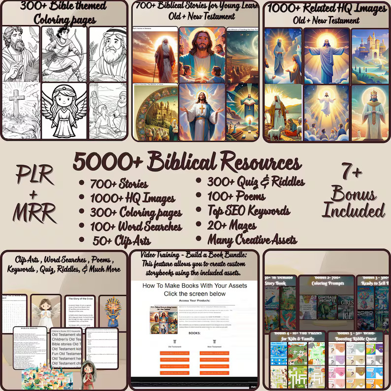 5000+ Biblical Resources Mega Bundle, PLR & MRR Christian Digital Assets, Bible Story Coloring Pages, Sunday School Activities Canva