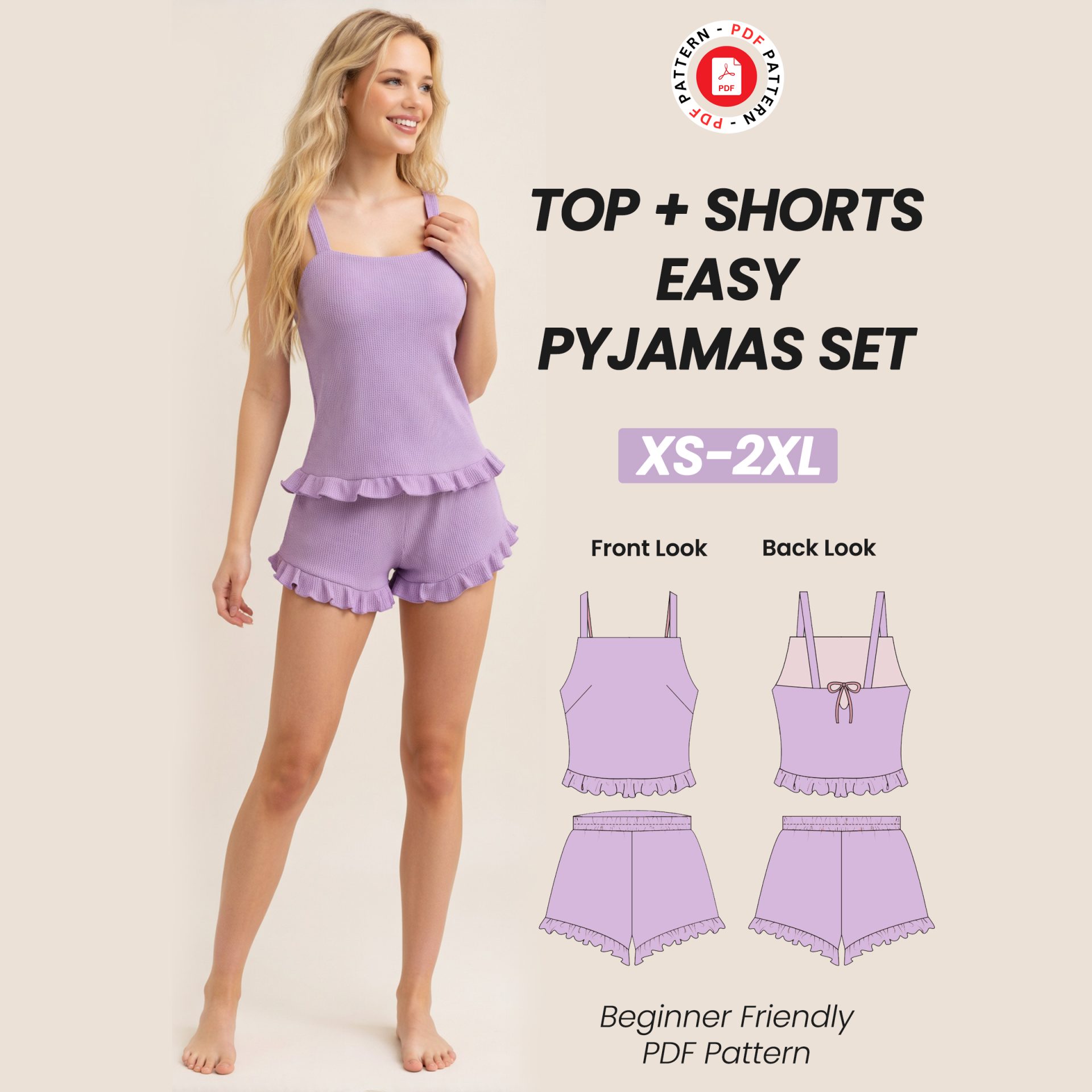 Top + Shorts Pyjama Set Sewing Pattern | Sleepwear Women's Elastic Wide Leg Shorts & Square Neck
