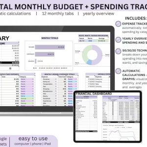 Digital Monthly Budget & Spending Tracker, Google Sheets Finance Planner, Automatic Expense Tracker, 50/30/20 Budgeting Tool