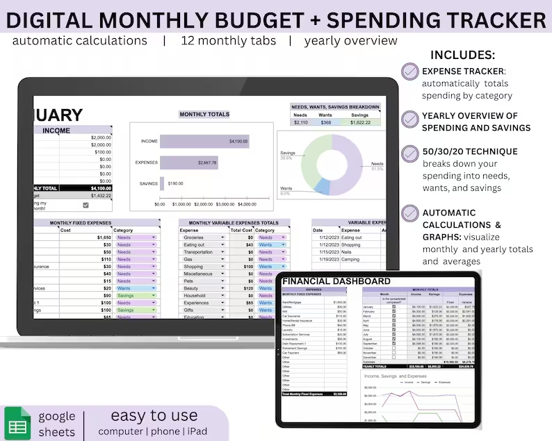 Digital Monthly Budget & Spending Tracker, Google Sheets Finance Planner, Automatic Expense Tracker, 50/30/20 Budgeting Tool