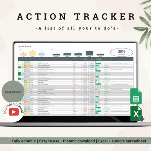 Digital Action Tracker Spreadsheet, Google Sheets To-Do List, Task Manager Excel Template, Project Management Dashboard & Progress Tracker