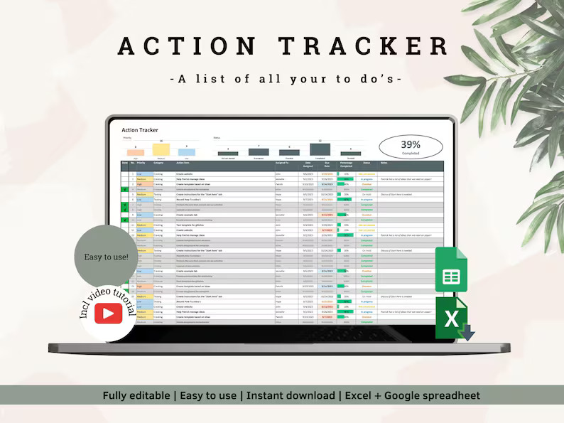 Digital Action Tracker Spreadsheet, Google Sheets To-Do List, Task Manager Excel Template, Project Management Dashboard & Progress Tracker