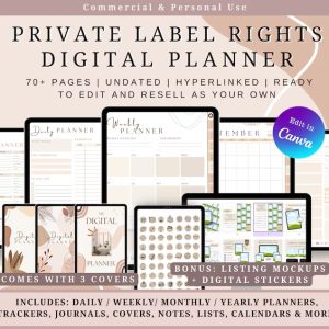 Ultimate PLR Digital Planner Bundle, 70+ Pages Editable Canva Template, Commercial Use Daily Weekly Monthly Planner, Digital Stickers DIY