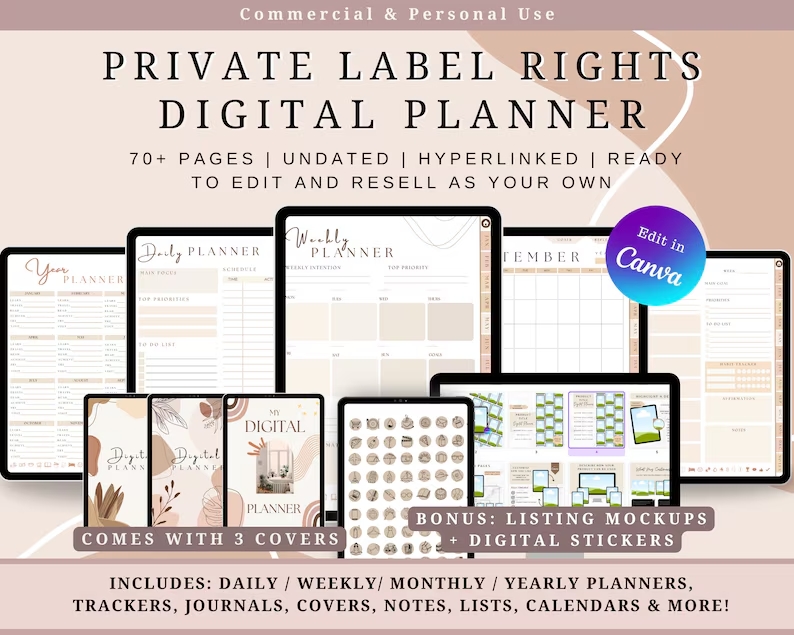 Ultimate PLR Digital Planner Bundle, 70+ Pages Editable Canva Template, Commercial Use Daily Weekly Monthly Planner, Digital Stickers DIY