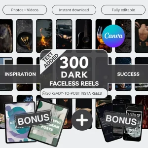 300 Dark Faceless Reels Canva Bundle, Luxury Aesthetic Instagram Content, PLR & MRR Social Media Marketing, Dark Mode Video Templates