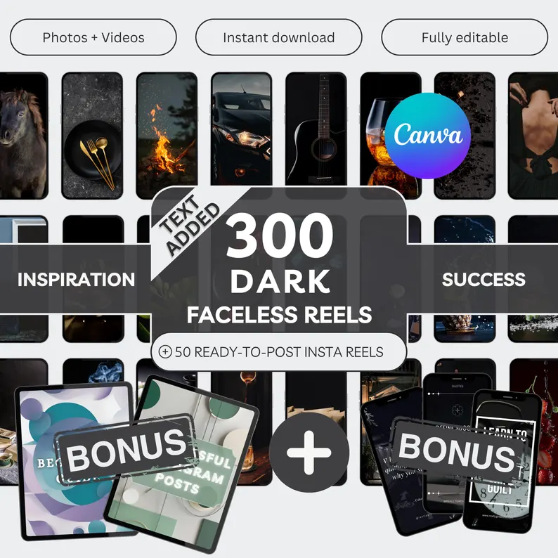 300 Dark Faceless Reels Canva Bundle, Luxury Aesthetic Instagram Content, PLR & MRR Social Media Marketing, Dark Mode Video Templates
