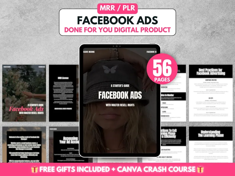 Facebook Ads Starter’s Guide, 56-Page Digital Marketing Handbook, PLR & MRR Done-For-You E-book, Professional Social Media Advertising Template