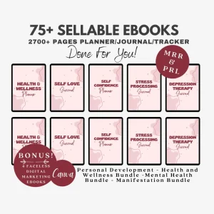 75+ Sellable E-books Mega Bundle, 2700+ Page Planner, Journal & Tracker Collection, MRR & PLR Personal Development Library, Mental Health & Manifestation Digital Assets