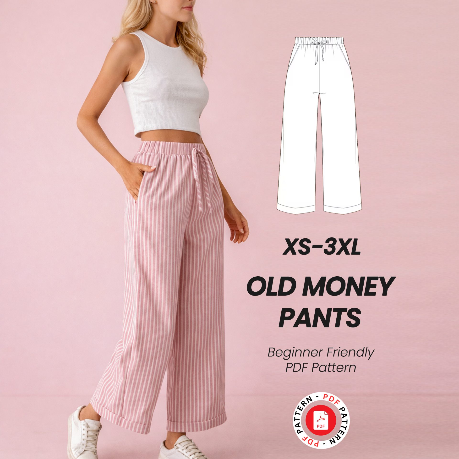 Old Money Wide Leg Pants Sewing Pattern, High Waist Pleated Trousers (PDF Download) - Image 2