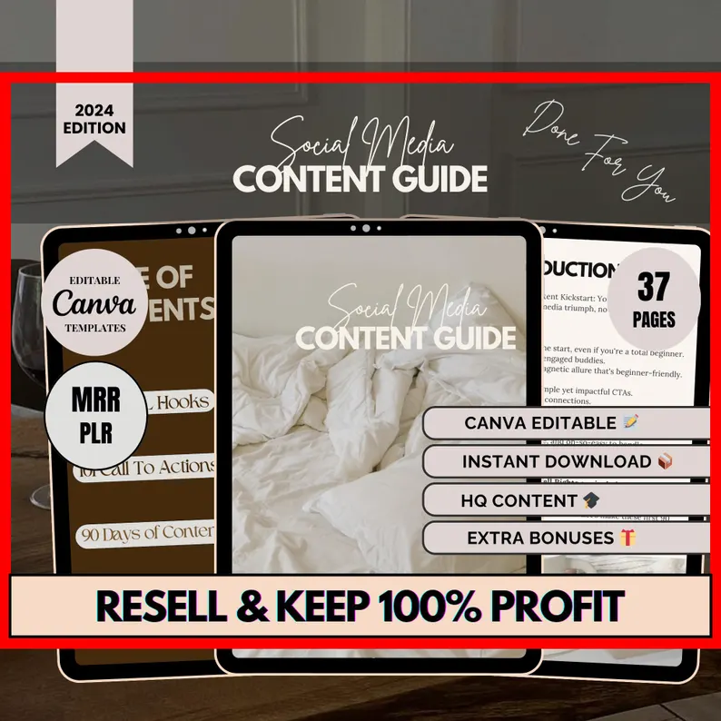 Social Media Content Guide, 37-Page Marketing Roadmap, 2024 Edition, PLR & MRR Canva Template, Done-For-You Content Strategy