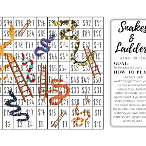 Snakes & Ladders Savings Challenge Tracker, Interactive Budgeting Game, Financial Goal Planner, Gamified Saving Printable