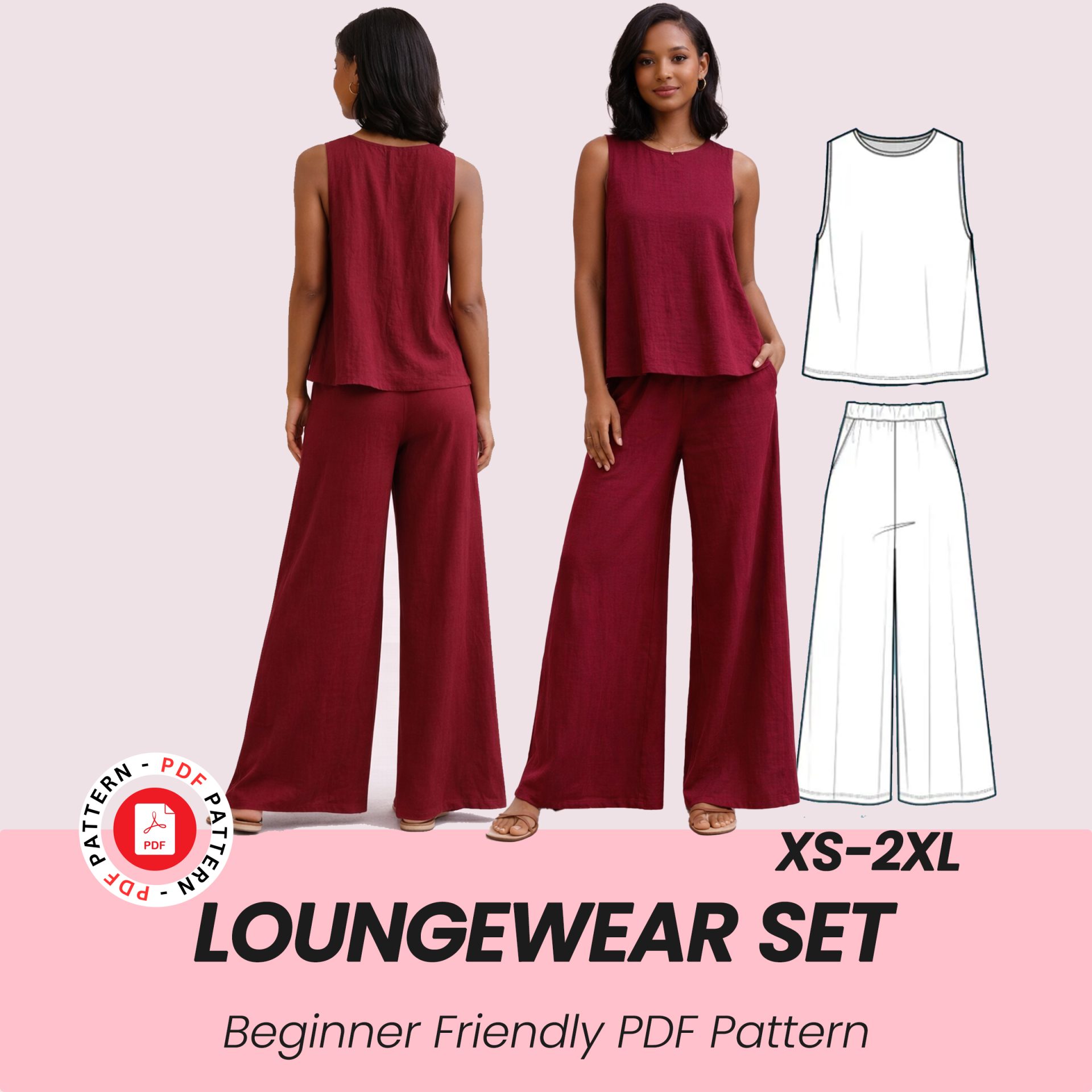 Loungewear Set PDF Sewing Pattern, Tank top + Wide Leg Pants pattern, Lounge wear dress
