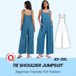 Tie Shoulder Jumpsuit Sewing Pattern, Comfy PDF Women Jumpsuit, Easy Wide Leg Overalls, Summer Loose Romper Pattern