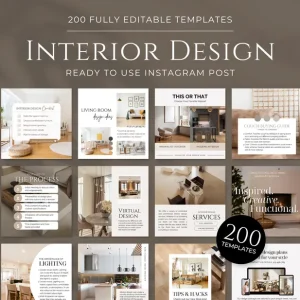 200 Interior Design Instagram Post Templates, Canva Editable Home Decor Branding Kit, Aesthetic Boutique Interior Design Marketing Bundle, Modern Social Media Mega Pack