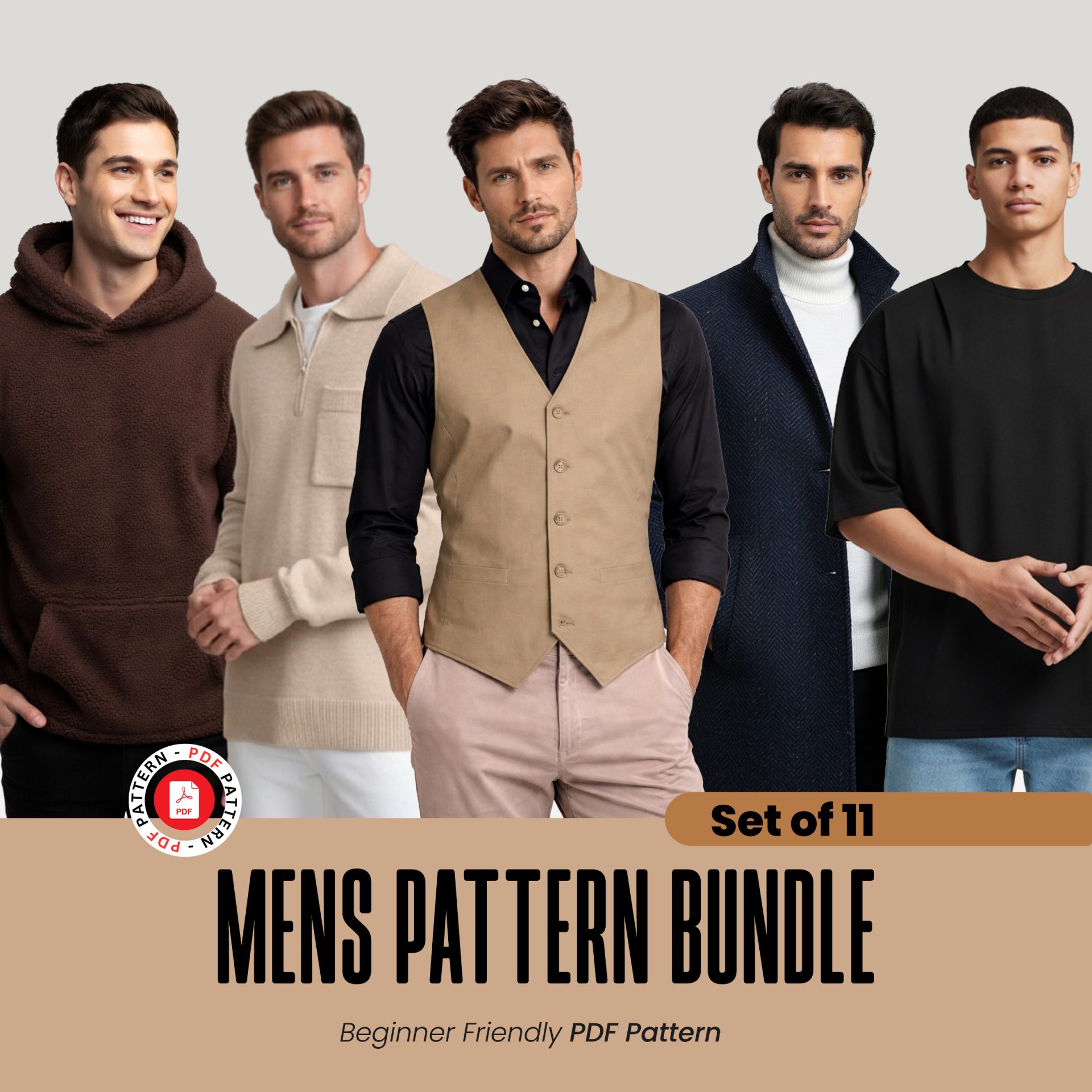 Men's Sewing Patterns Bundle: Vest, Trousers, Hoodie, Overcoat (Digital Download)