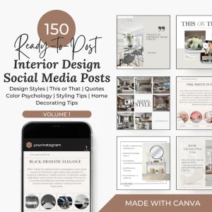 150 Interior Design Social Media Posts, Canva Editable Home Decor Branding Kit, Aesthetic Boutique Interior Marketing Volume 1, Modern Social Media Bundle
