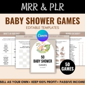 50 Baby Shower Games Editable Bundle, MRR & PLR Canva Templates, Fun Party Games with Answers, Resell Rights Digital Product