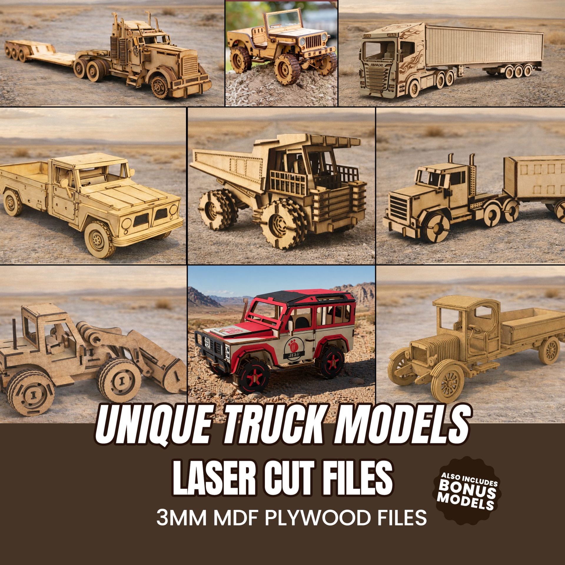 Laser Cut Vehicle Models Bundle – Trucks, Buses & Forklifts
