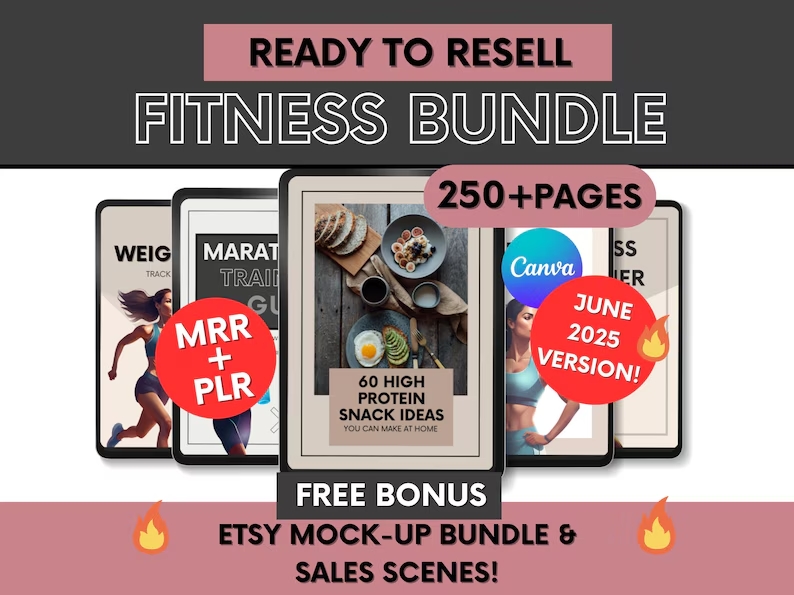 Ready to Resell Fitness Bundle, 250+ Page Health & Wellness Toolkit, June 2025 Version, PLR & MRR Canva Workout Planner