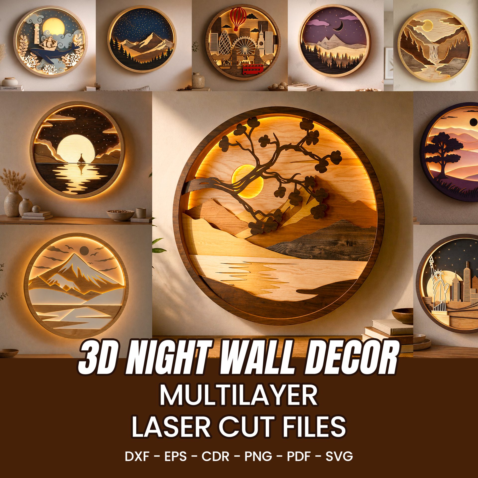 3D Night Wall Decor, Multilayer Laser Cut Files, Shadow Box Wood Art, Glowing Landscape SVG Bundle
