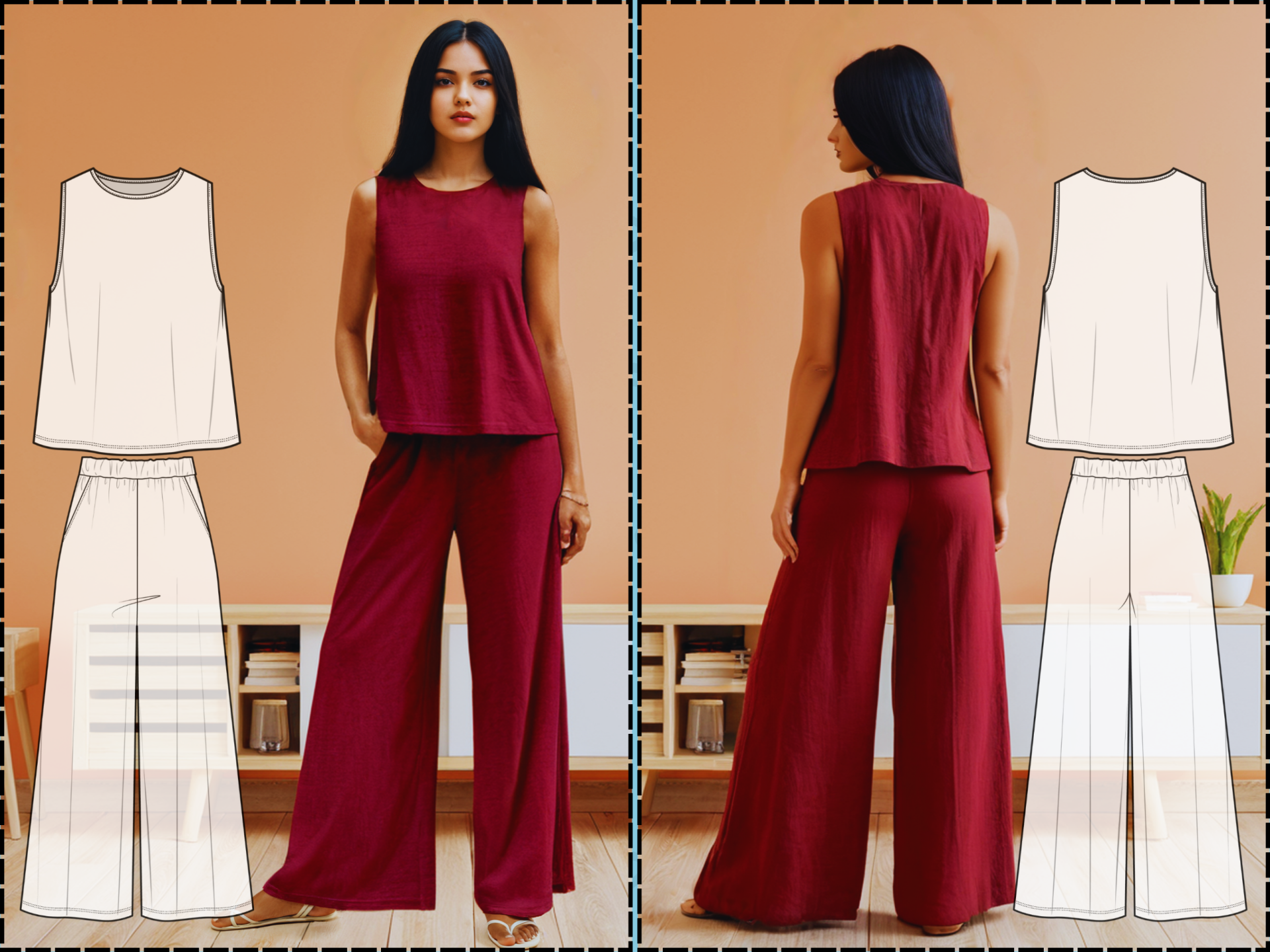 Loungewear Set PDF Sewing Pattern, Tank top + Wide Leg Pants pattern, Lounge wear dress - Image 2