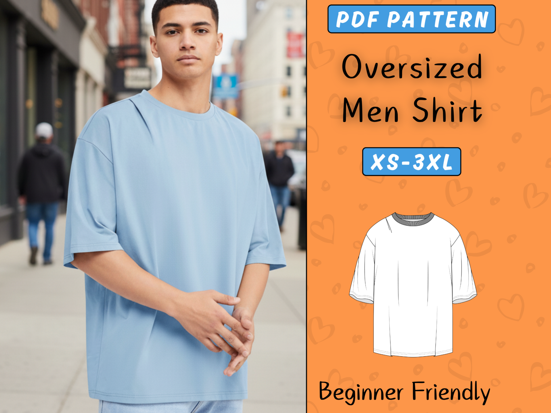 Oversized Men Shirt Sewing Pattern, Comfy PDF Male T-Shirt, Easy Drop Shoulder Tee, Loose Fit Streetwear Pattern