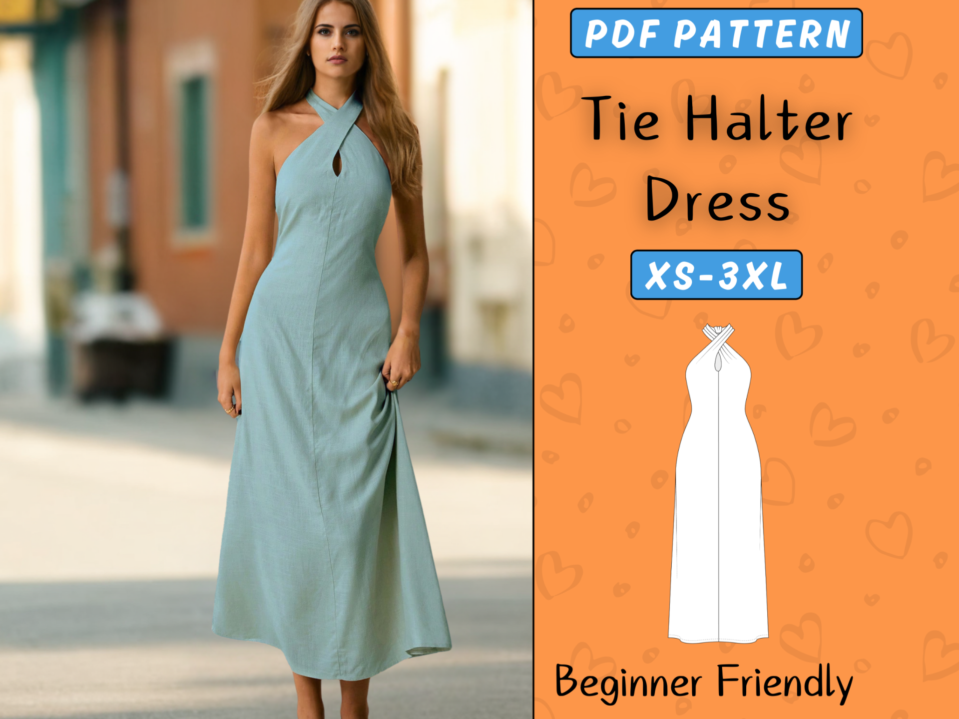 Halter neck dress pattern, Dress Pdf Sewing Pattern, Halter Dress With Open Back for Women, Beginner Pattern, Backless Maxi Dress Pattern - Image 2