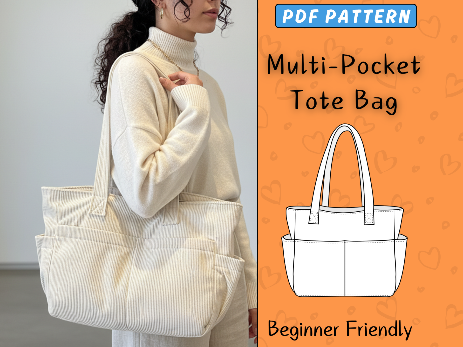 Multi-Pocket Tote Bag Sewing Pattern, Beginner Friendly Shoulder Bag (PDF) - Image 2