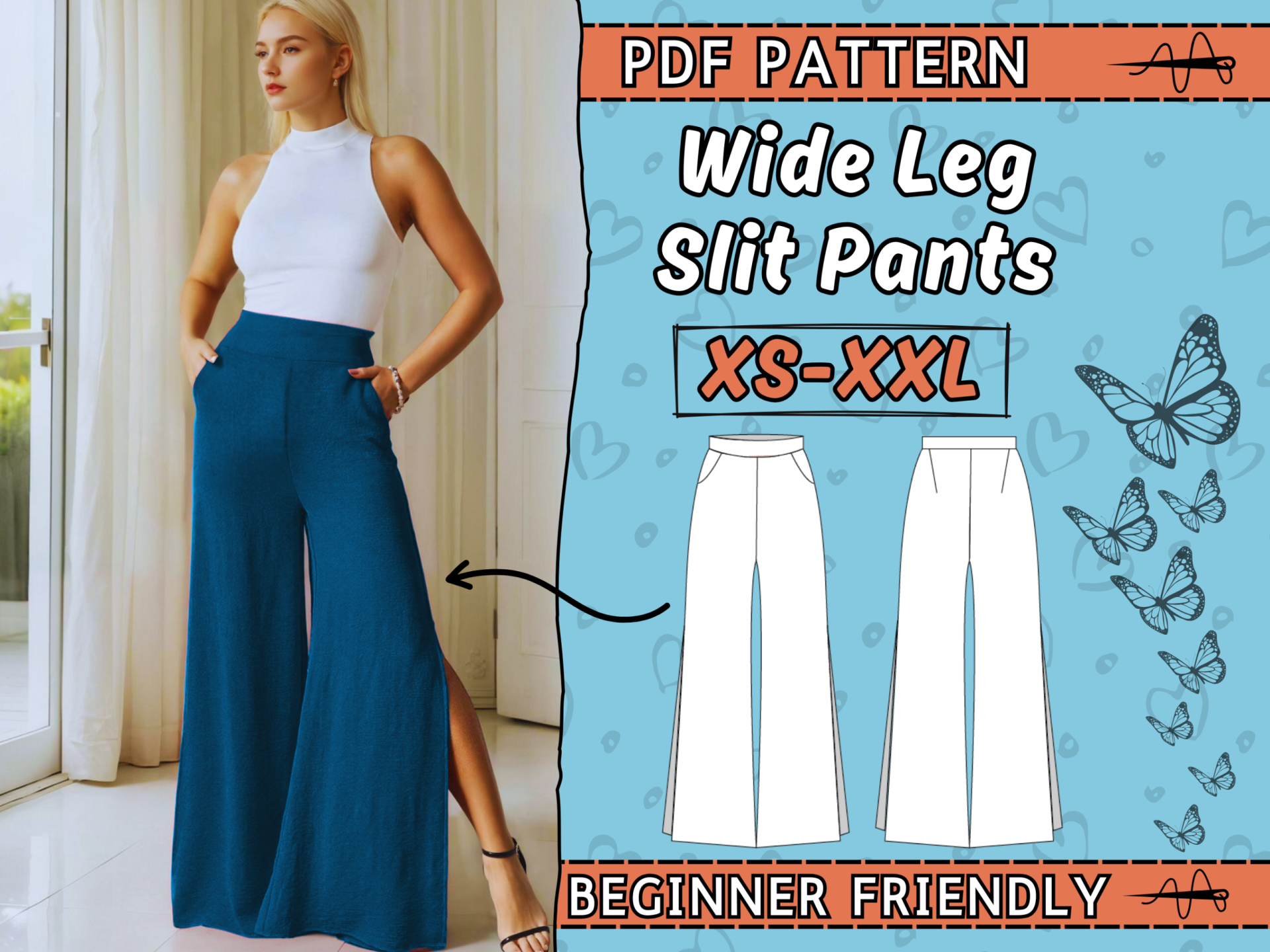Slit wide leg pants sewing pattern, Women comfy bottoms, instant download, Sizes Xs - 2xl - Image 2