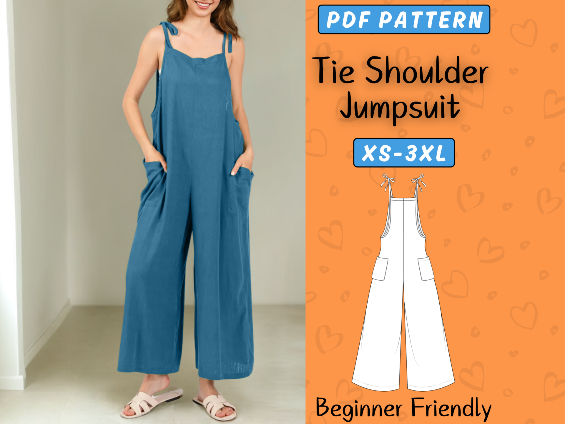Tie Shoulder Jumpsuit Sewing Pattern, Comfy PDF Women Jumpsuit, Easy Wide Leg Overalls, Summer Loose Romper Pattern - Image 2
