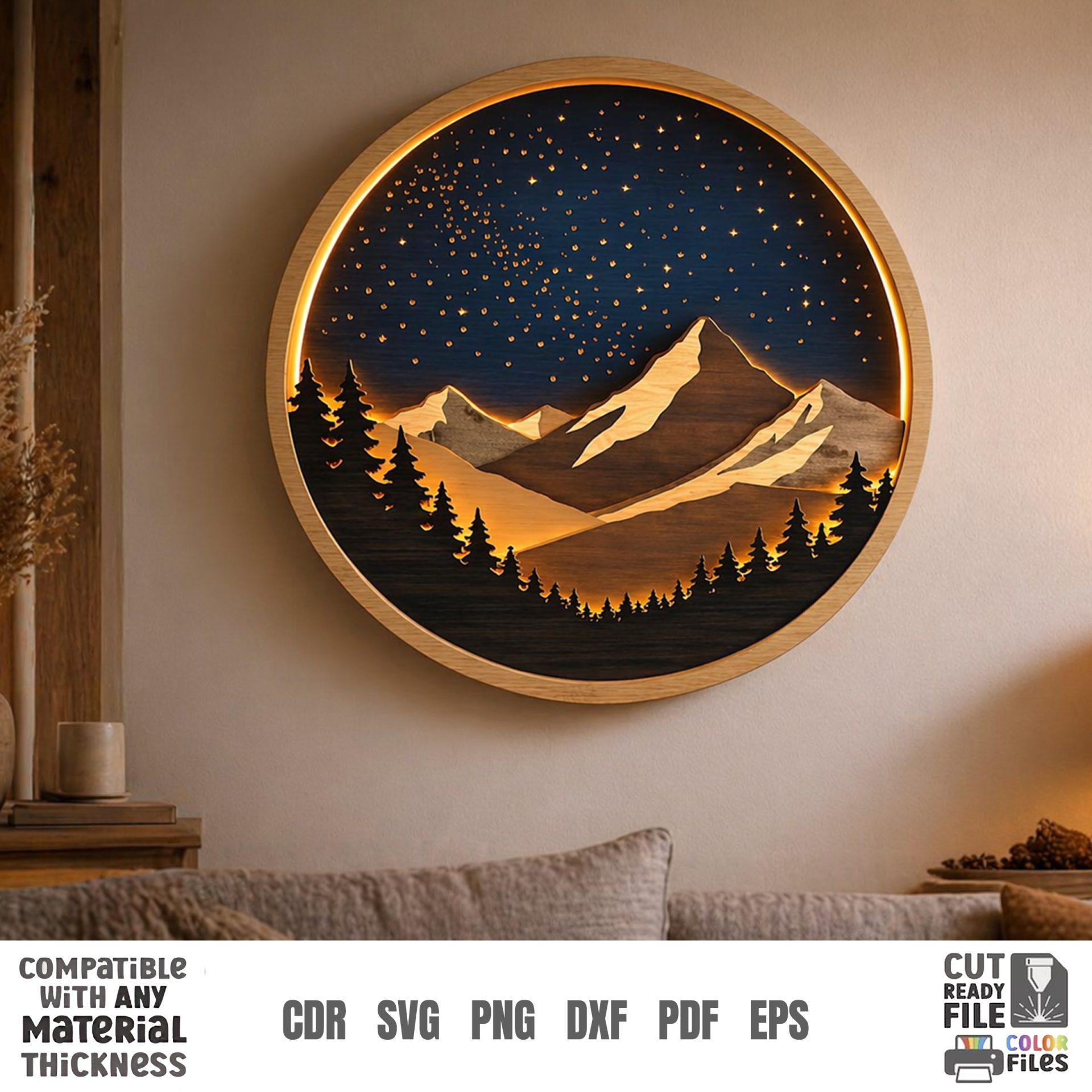 3D Night Wall Decor, Multilayer Laser Cut Files, Shadow Box Wood Art, Glowing Landscape SVG Bundle - Image 10