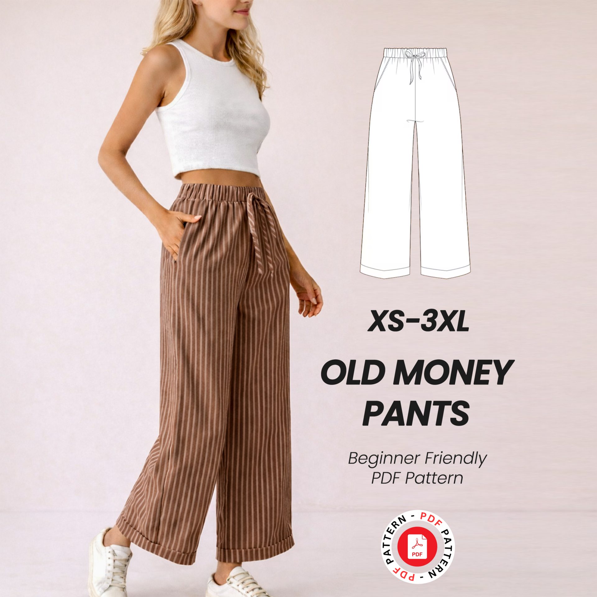 Old Money Wide Leg Pants Sewing Pattern, High Waist Pleated Trousers (PDF Download)