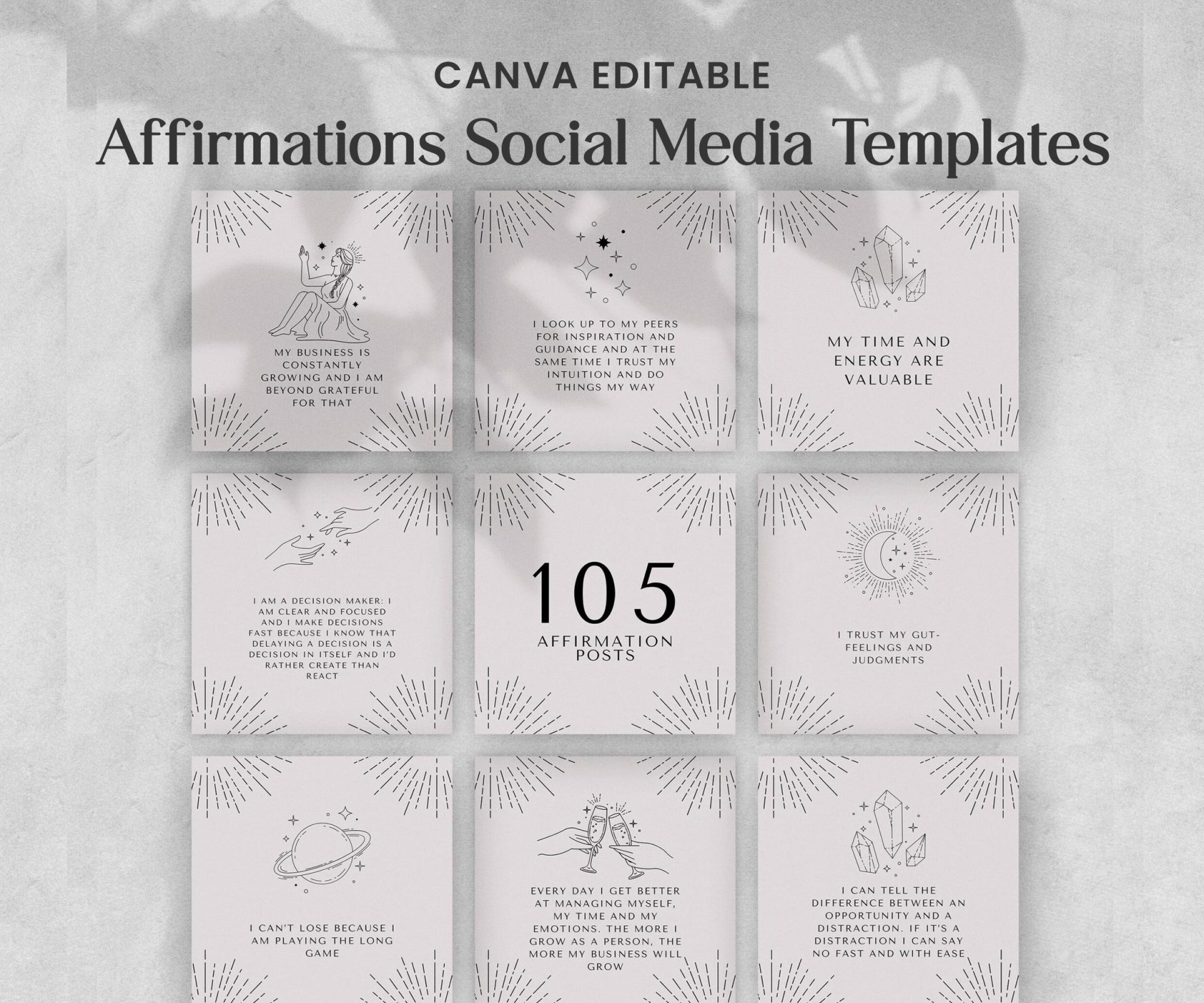 105 Affirmations Social Media Templates, Canva Editable Mindset Branding Kit, Aesthetic Spiritual Business Posts, Modern Boutique Wellness Marketing Bundle