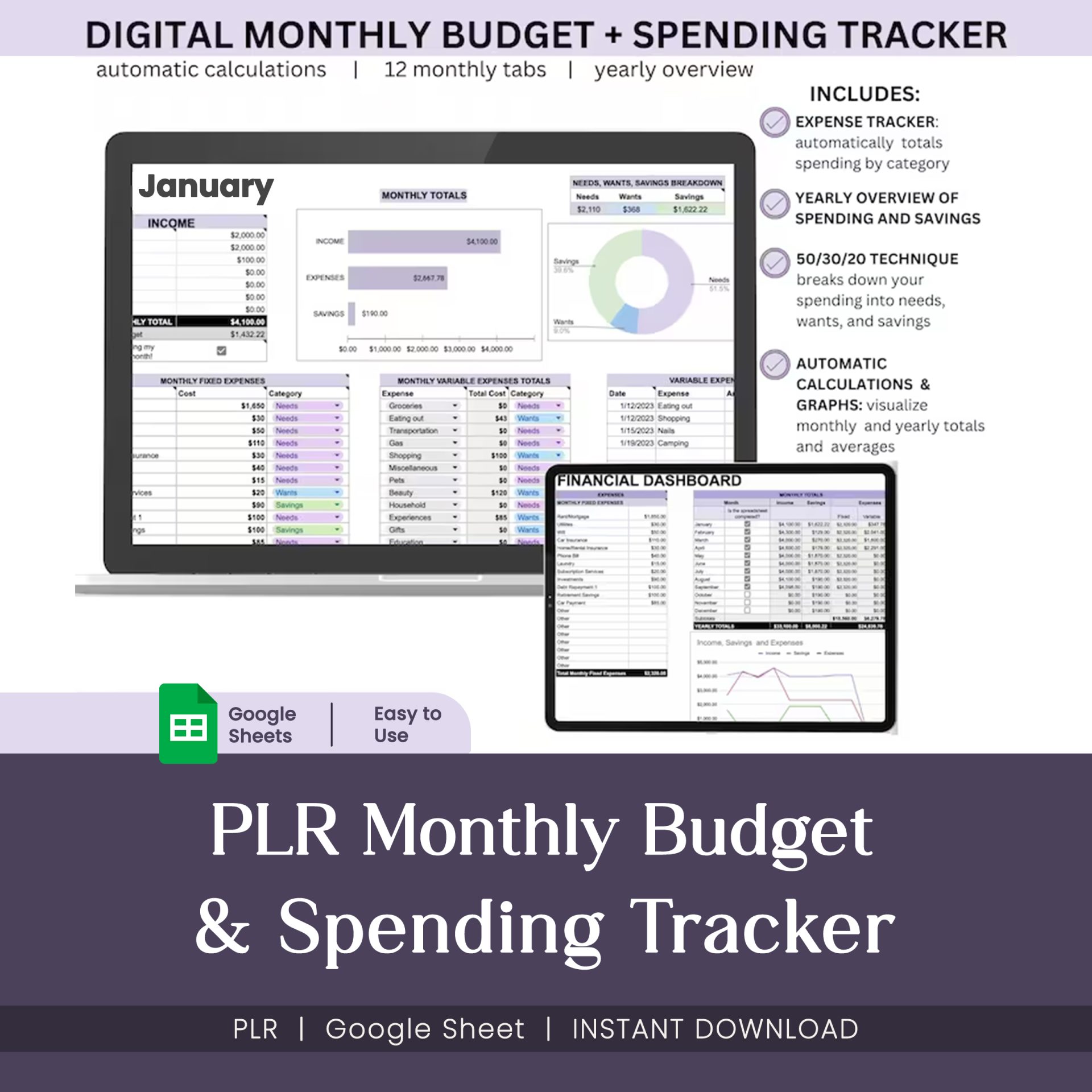 Digital Monthly Budget & Spending Tracker, Google Sheets Finance Planner, Automatic Expense Tracker, 50/30/20 Budgeting Tool - Image 6