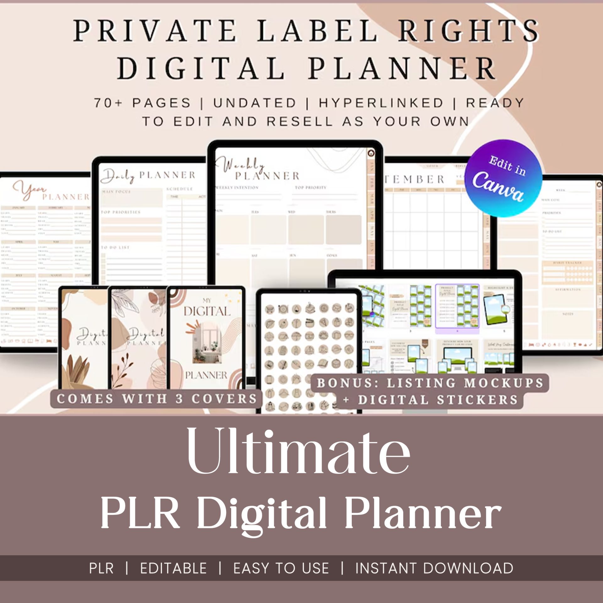 Ultimate PLR Digital Planner Bundle, 70+ Pages Editable Canva Template, Commercial Use Daily Weekly Monthly Planner, Digital Stickers DIY - Image 10