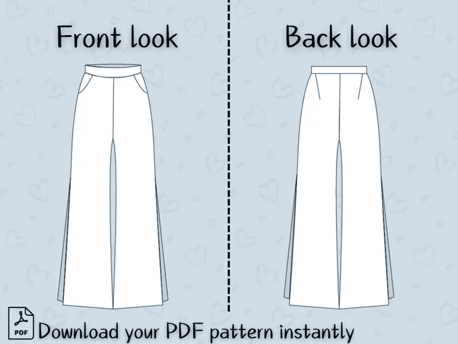Slit wide leg pants sewing pattern, Women comfy bottoms, instant download, Sizes Xs - 2xl - Image 3