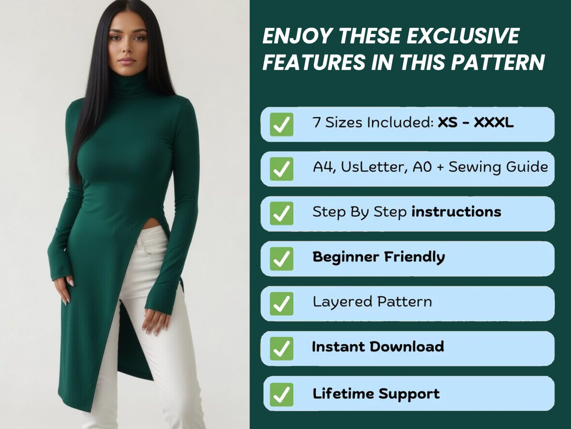 Turtleneck Split Thigh Dress Sewing Pattern, Beginner Friendly (PDF Pattern) - Image 3