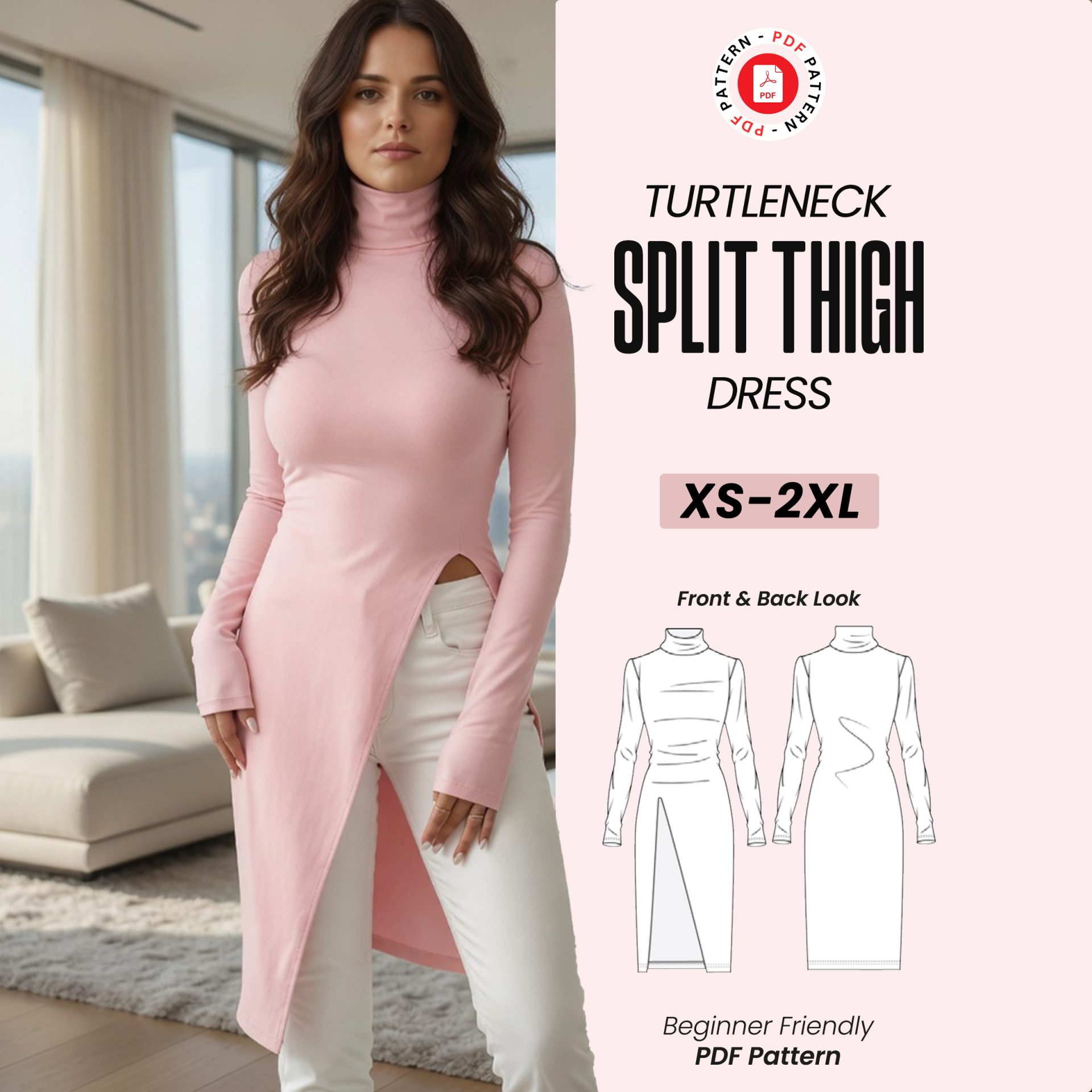Turtleneck Split Thigh Dress Sewing Pattern, Beginner Friendly (PDF Pattern) - Image 7