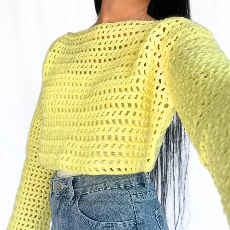 Easy Mesh Sweater Pattern Crochet Top Long Sleeve Pullover Pattern Fall Cute Beginner Crochet Crop Top Digital Download PDF - Image 2