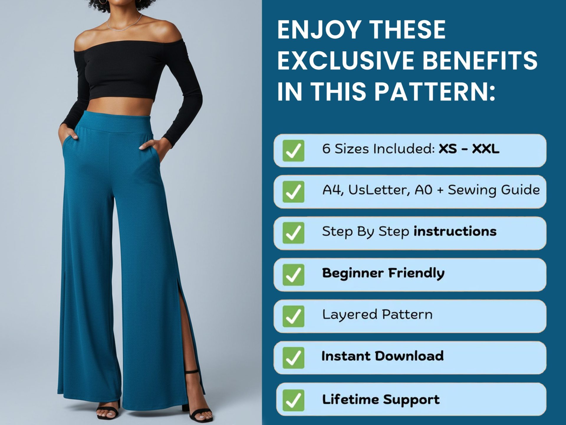 Slit wide leg pants sewing pattern, Women comfy bottoms, instant download, Sizes Xs - 2xl - Image 4