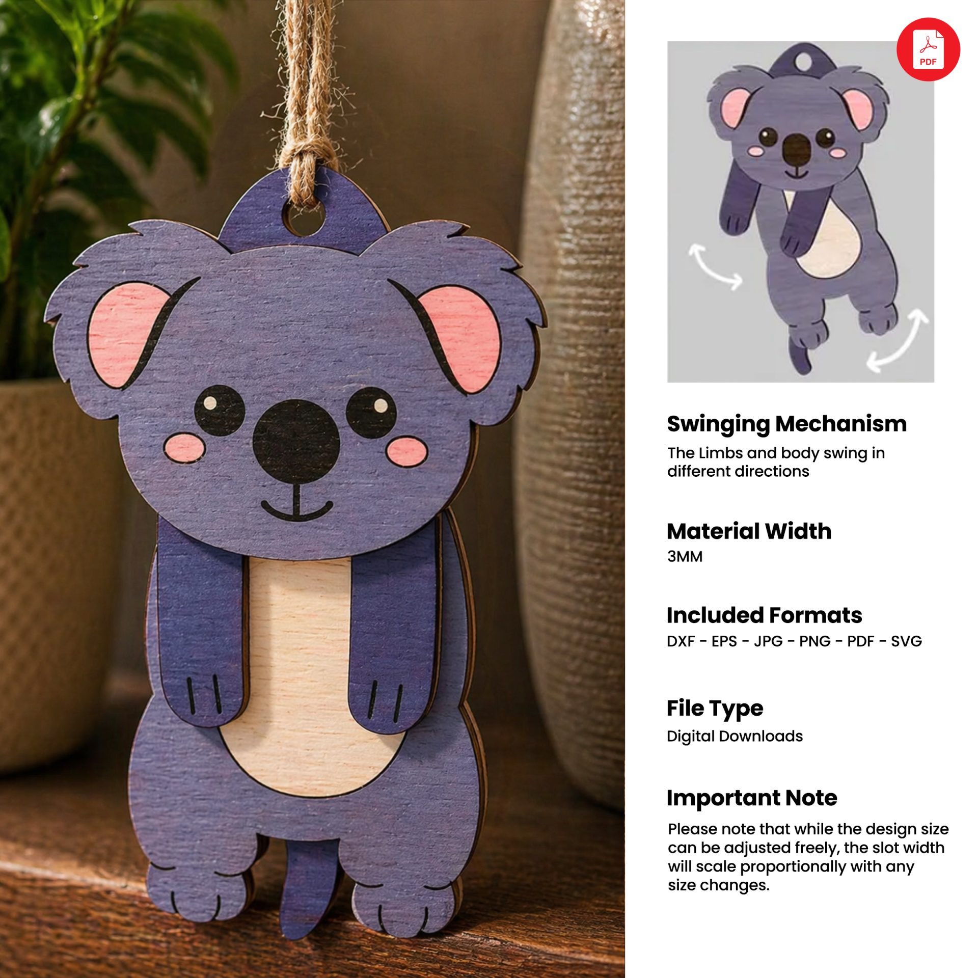 3D Hanging Animals Stress Relief Toys, Laser Cut Files, Cute Wood Animal SVG, Easy DIY Desktop Decor - Image 3