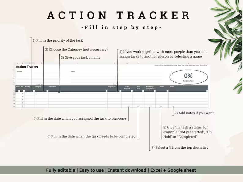 Digital Action Tracker Spreadsheet, Google Sheets To-Do List, Task Manager Excel Template, Project Management Dashboard & Progress Tracker - Image 4