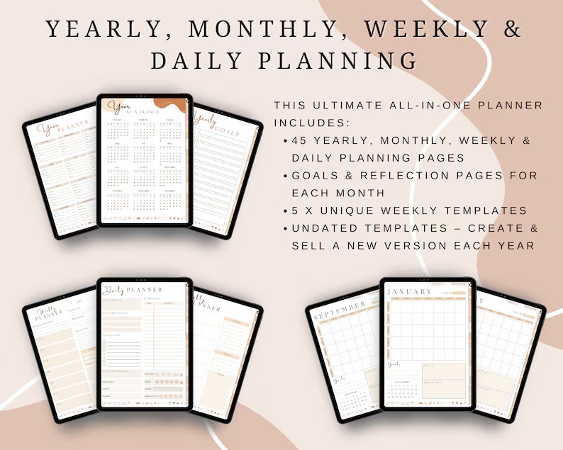 Ultimate PLR Digital Planner Bundle, 70+ Pages Editable Canva Template, Commercial Use Daily Weekly Monthly Planner, Digital Stickers DIY - Image 4