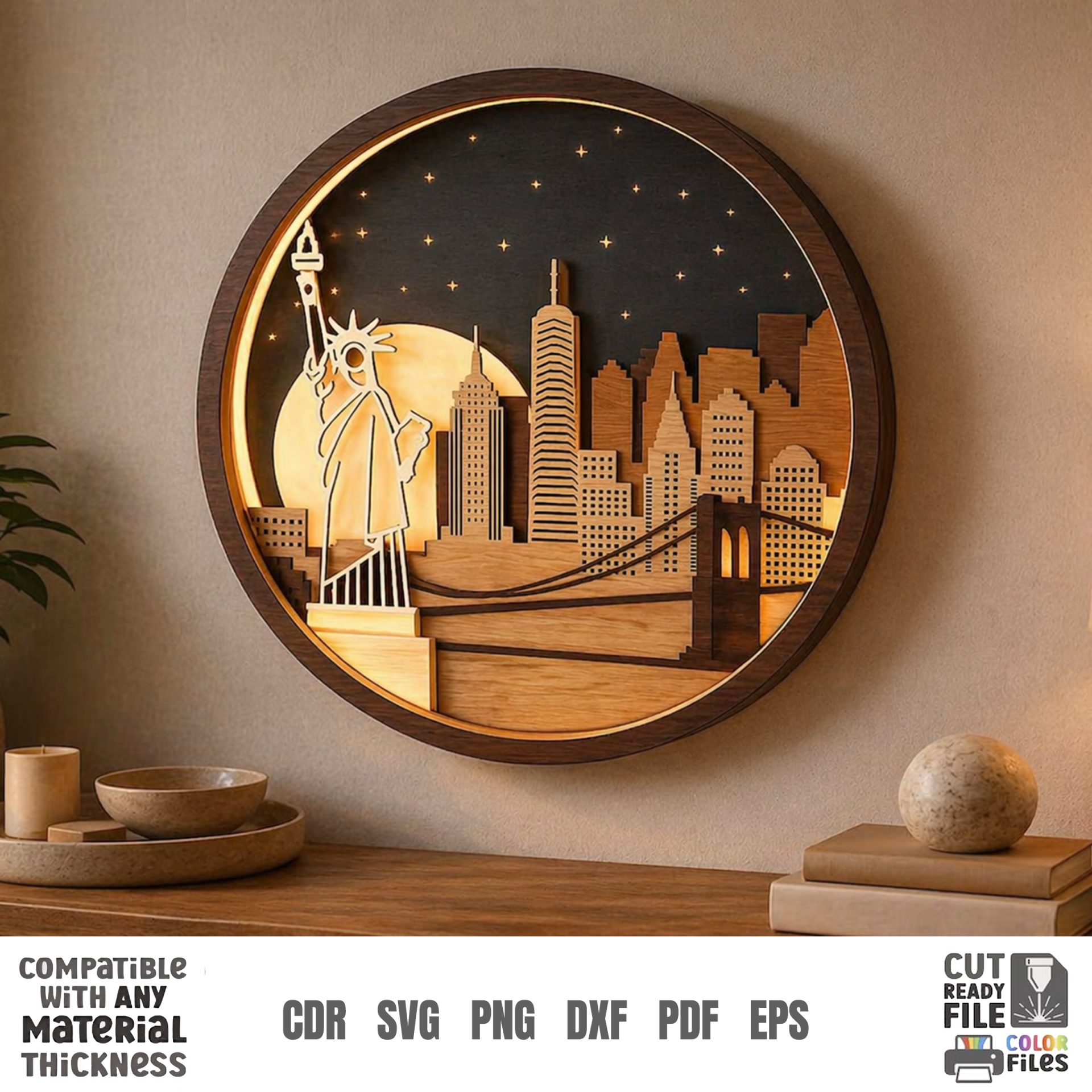 3D Night Wall Decor, Multilayer Laser Cut Files, Shadow Box Wood Art, Glowing Landscape SVG Bundle - Image 5