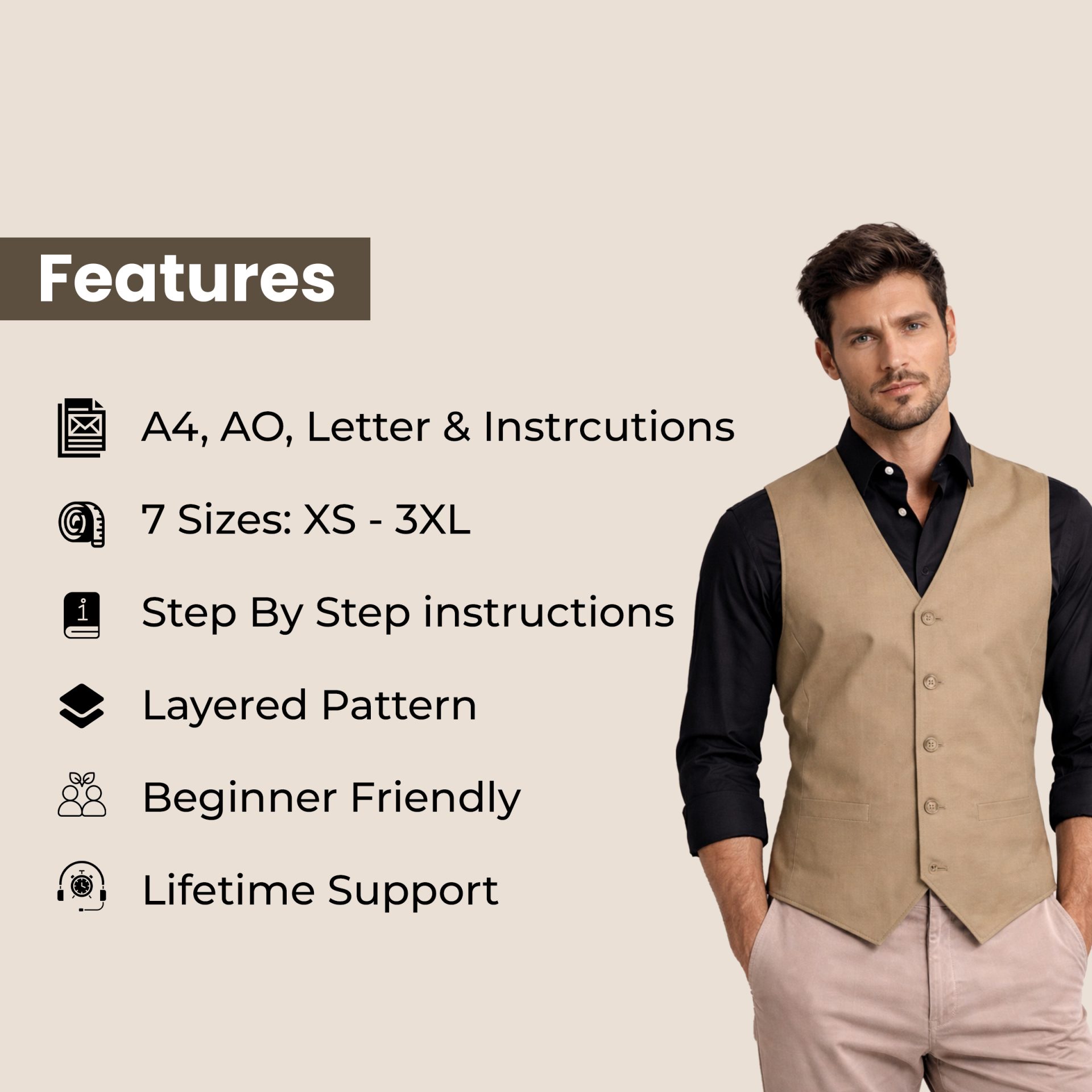 Men's Sewing Patterns Bundle: Vest, Trousers, Hoodie, Overcoat (Digital Download) - Image 7