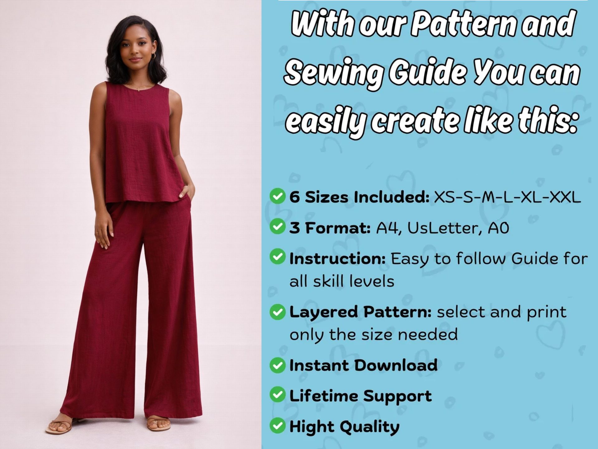 Loungewear Set PDF Sewing Pattern, Tank top + Wide Leg Pants pattern, Lounge wear dress - Image 6