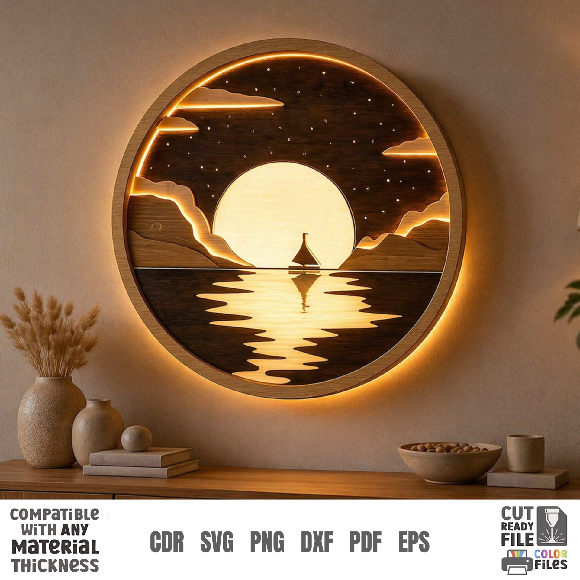 3D Night Wall Decor, Multilayer Laser Cut Files, Shadow Box Wood Art, Glowing Landscape SVG Bundle - Image 7