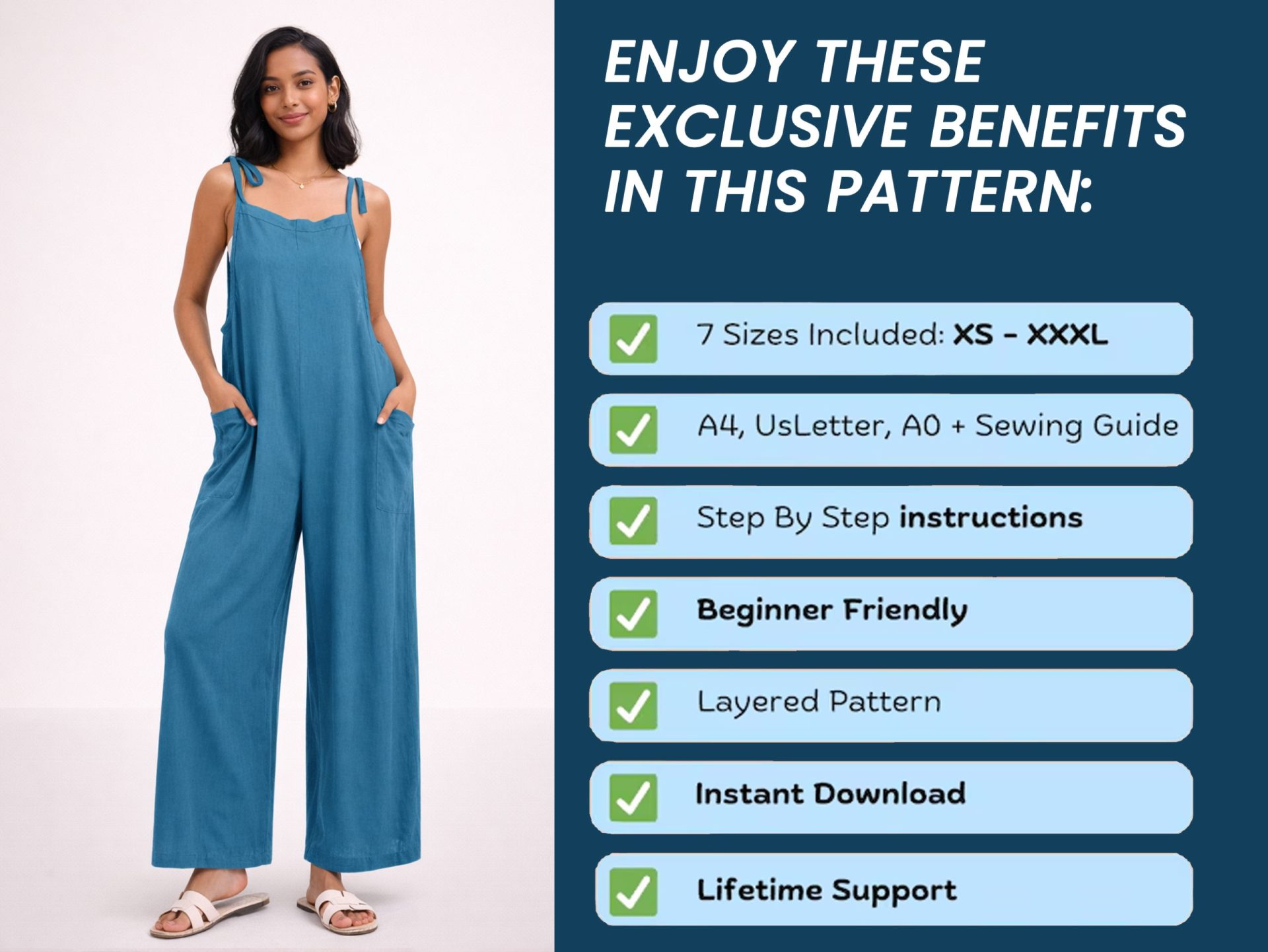Tie Shoulder Jumpsuit Sewing Pattern, Comfy PDF Women Jumpsuit, Easy Wide Leg Overalls, Summer Loose Romper Pattern - Image 8