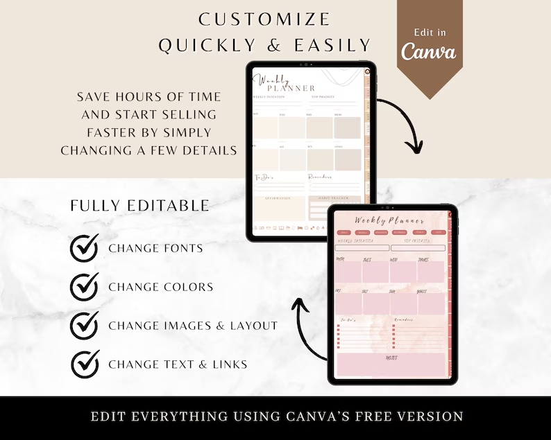 Ultimate PLR Digital Planner Bundle, 70+ Pages Editable Canva Template, Commercial Use Daily Weekly Monthly Planner, Digital Stickers DIY - Image 7