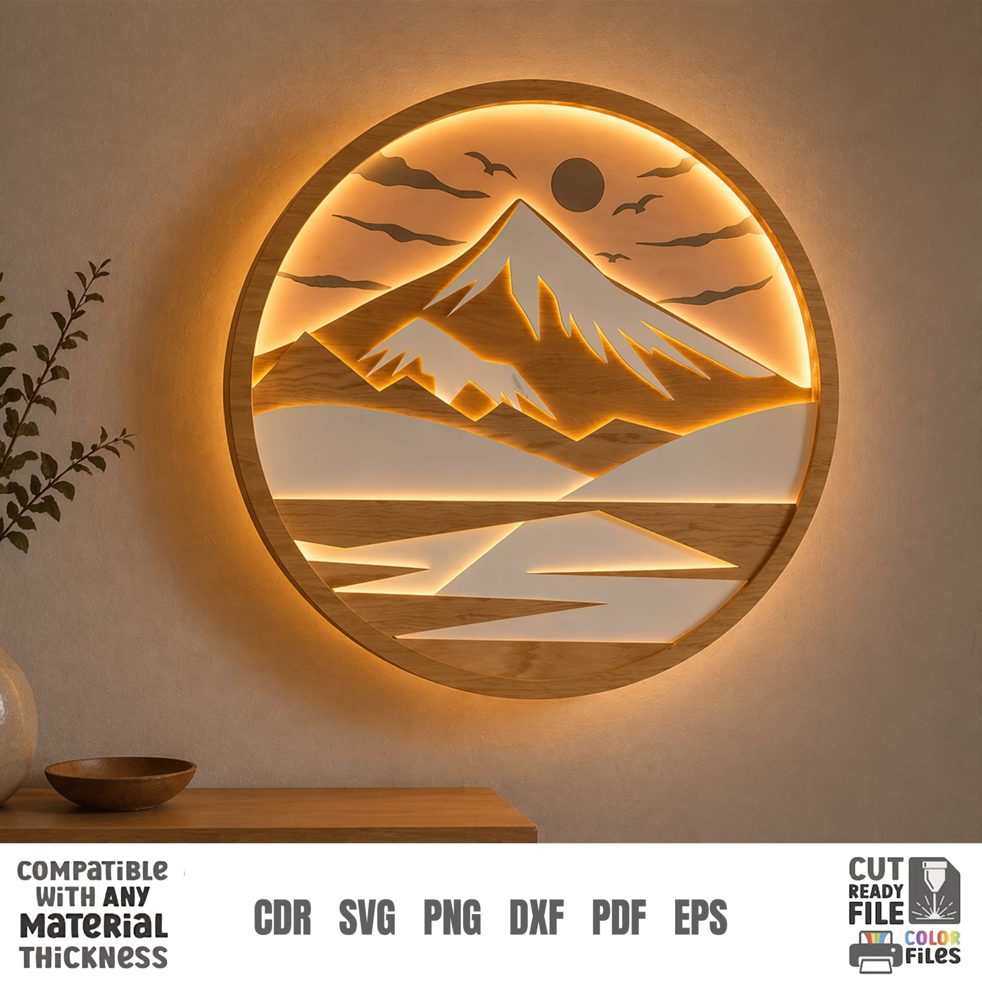 3D Night Wall Decor, Multilayer Laser Cut Files, Shadow Box Wood Art, Glowing Landscape SVG Bundle - Image 8